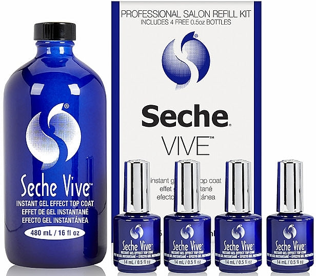 Seche Vite | Instant Gel Effect Top Coat 16oz Refill Kit - 16oz+ 4 free bottles 0.5oz